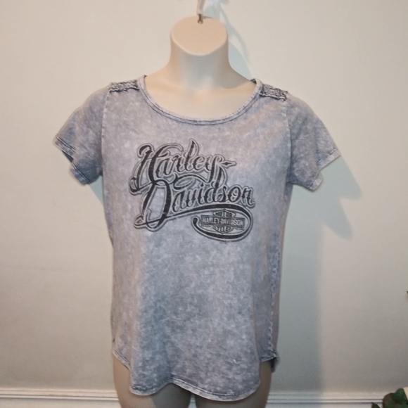 Harley-Davidson Distressed Gray Lace Trimmed T-Shirt - Picture 8 of 8